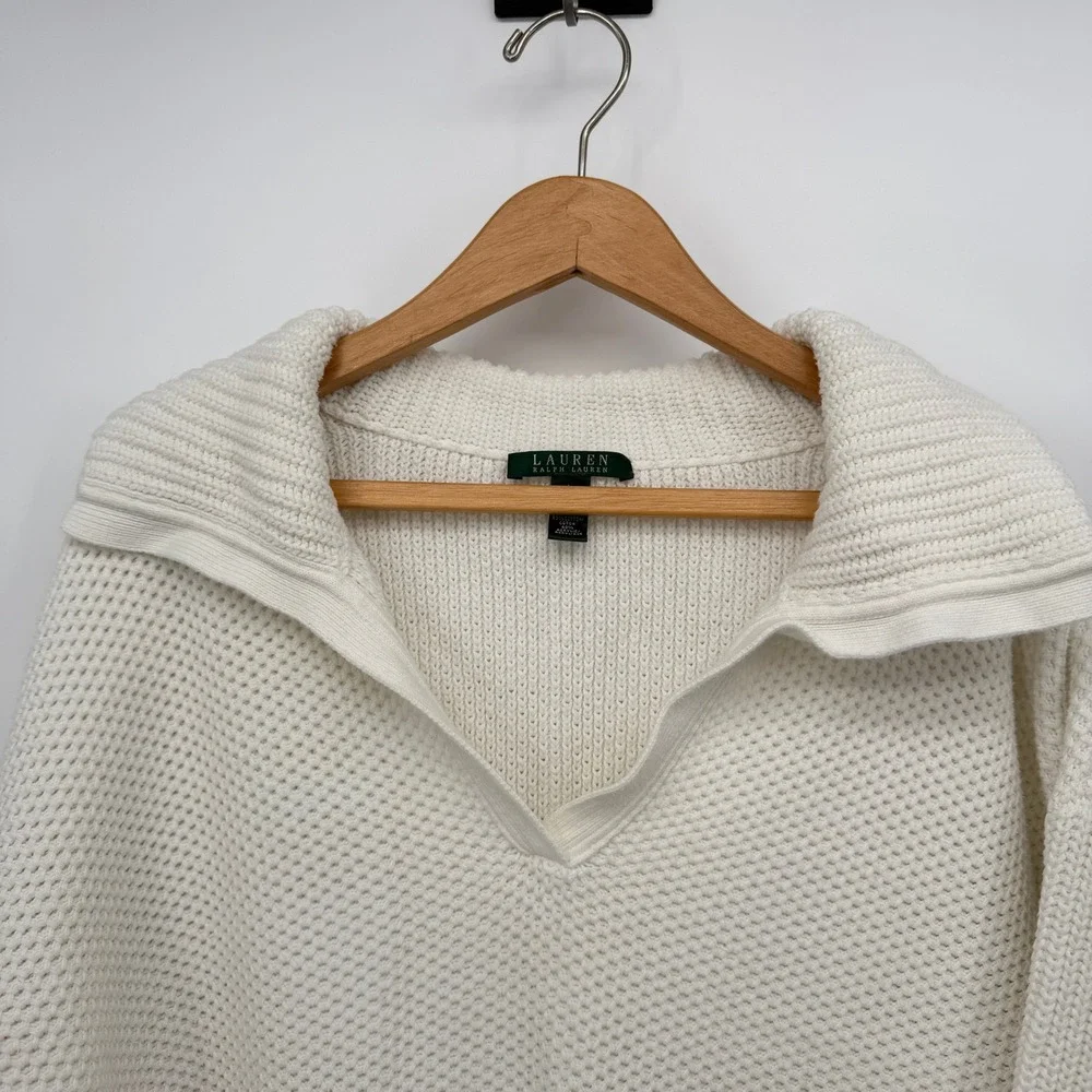 Lauren Ralph Lauren Preppy Sweater White Knit Split Neck Pullover Open Weave LG‎